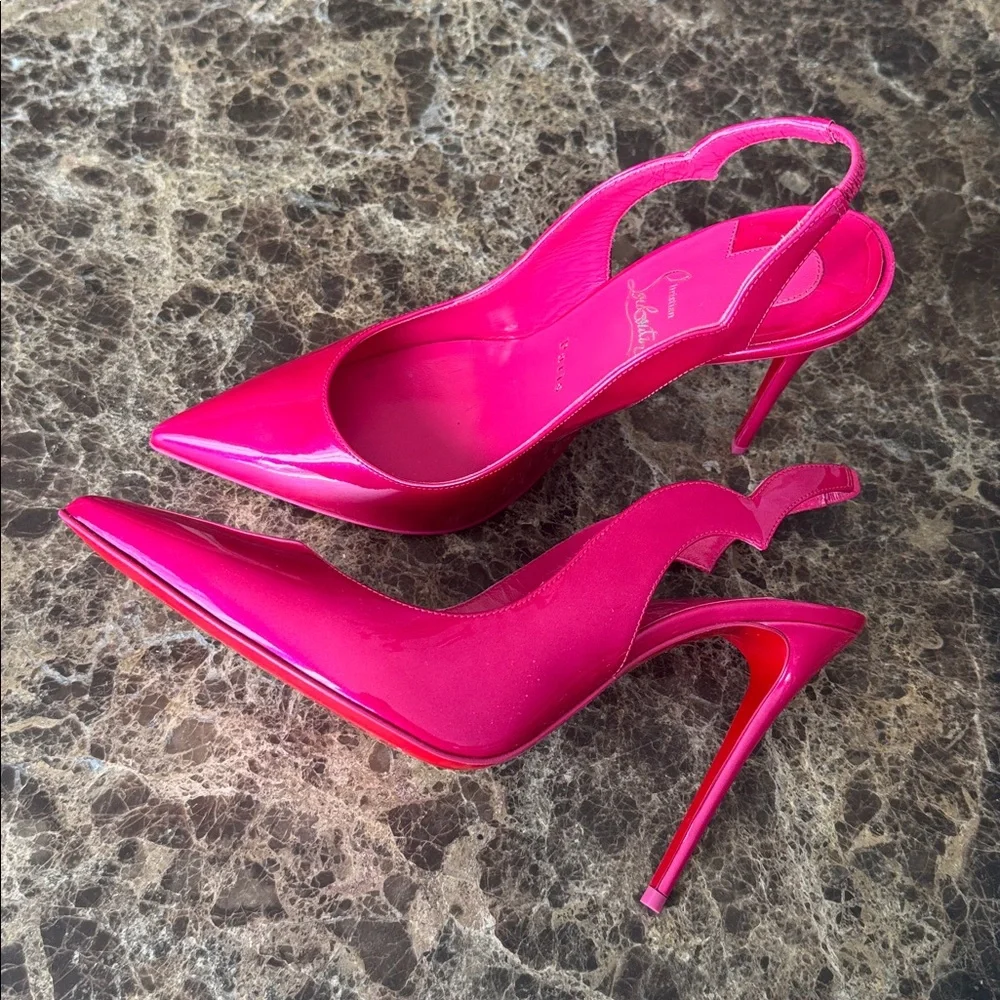 Christian Louboutin hot chick sling pinup pink patent scallop stiletto sz 39.5